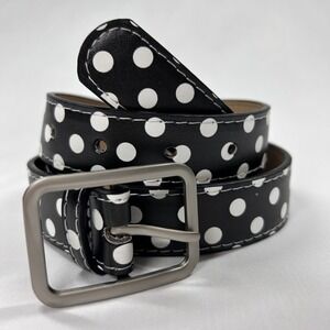 Vintage Retro Black and White Polka Dot Faux Leather Belt Silver Buckle